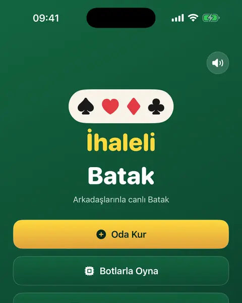 İhaleli Batak ana ekranı, oda düğmelerinin üstünde dört kart sembolü