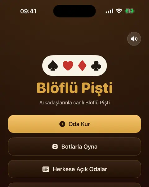 Blöflü Pişti ana ekranı, oda düğmelerinin üstünde dört kart sembolü