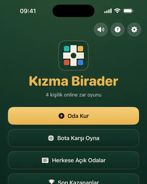Kızma Birader ana ekranı, oda düğmelerinin üstünde dört renkli tahta