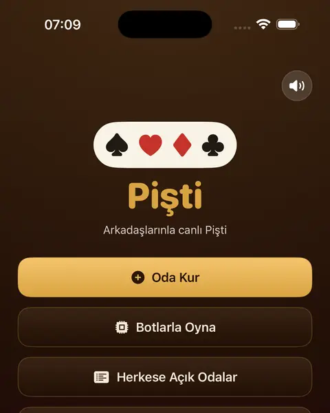 Pişti ana ekranı, oda düğmelerinin üstünde dört kart sembolü