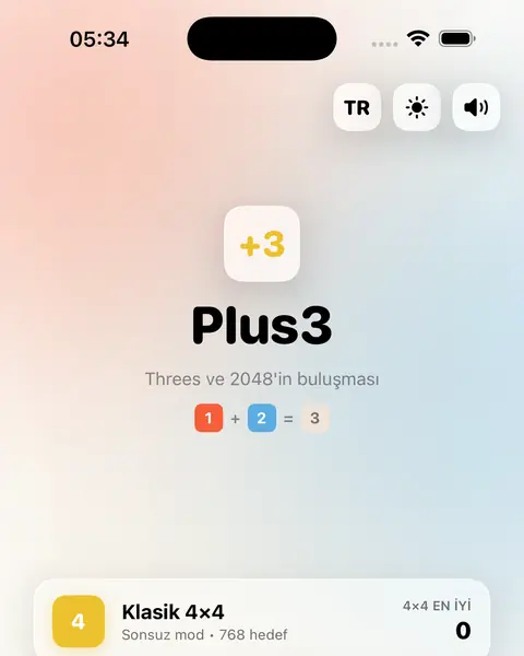 Plus3 açılış ekranı: 1 + 2 = 3 tohum birleşmesi