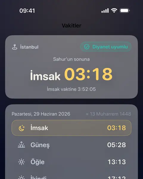 Vakit namaz vakitleri ekranı: imsağa kalan süre ve günün vakitleri