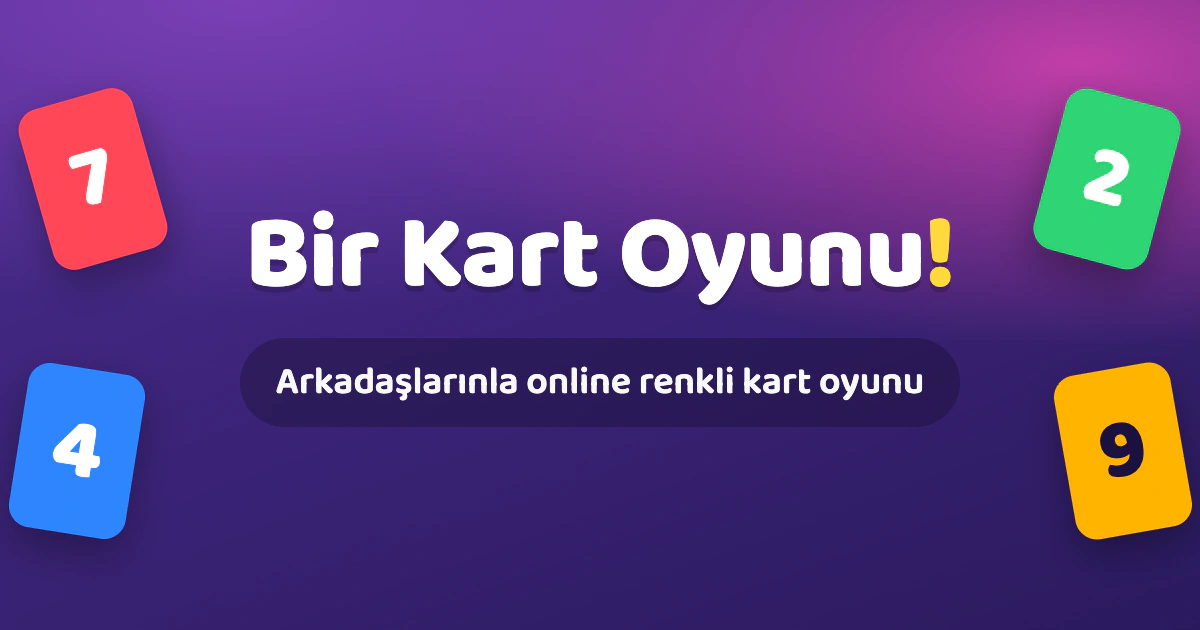 Bir Kart Oyunu key art: four coloured number cards (7, 2, 4 and 9) around the title and the Turkish line Arkadaşlarınla online renkli kart oyunu, on a purple gradient.