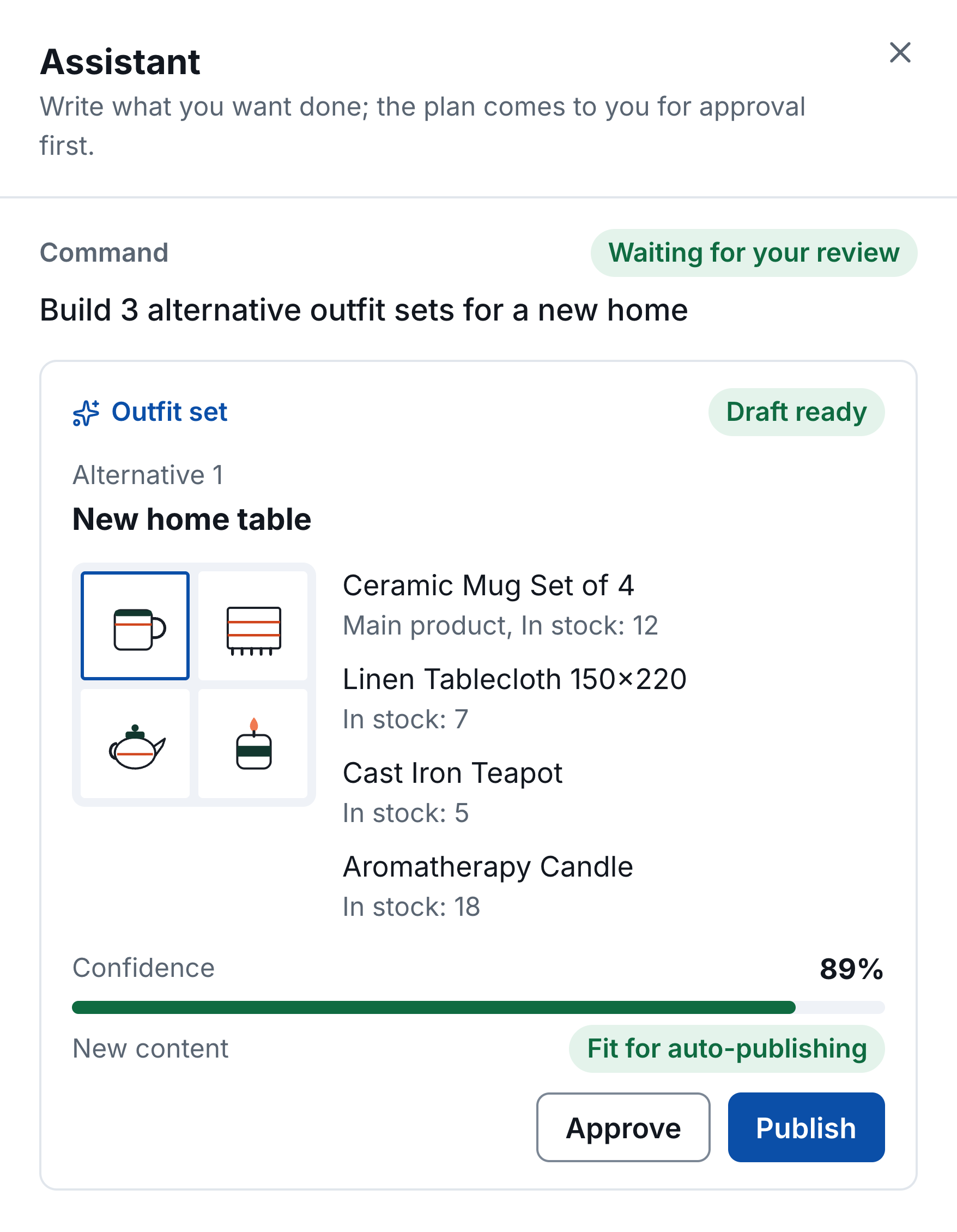 Minata Commerce Assistant drawer after an Outfit set request: a set named New home table with a mug, a tablecloth, a teapot and a candle, their stock levels, an 89 percent confidence bar and Approve and Publish buttons.