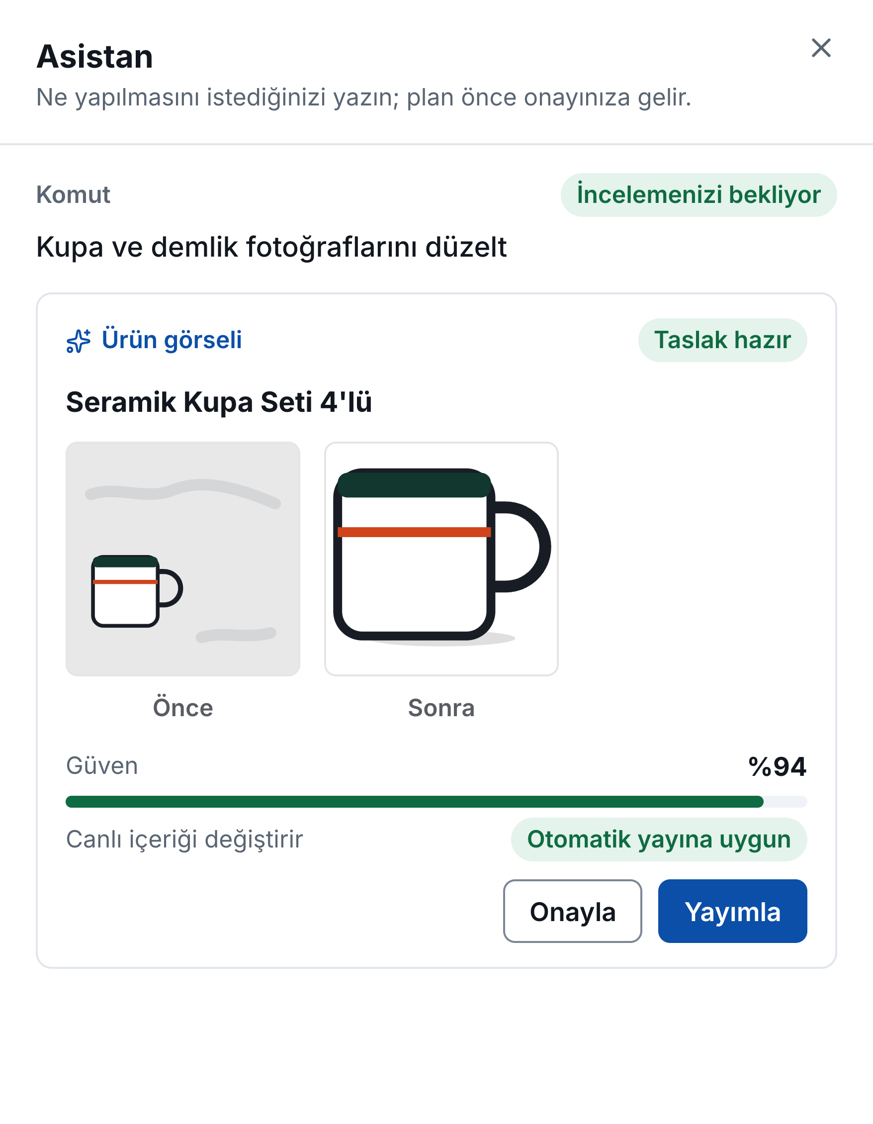 Minata Commerce Asistan çekmecesi (Türkçe arayüz), fotoğraf stüdyosu isteğinden sonra: bir seramik kupa seti için önce ve sonra çizimleri, otomatik yayına uygun işaretli yüzde 94 güven çubuğu, onaylama ve yayınlama düğmeleri.