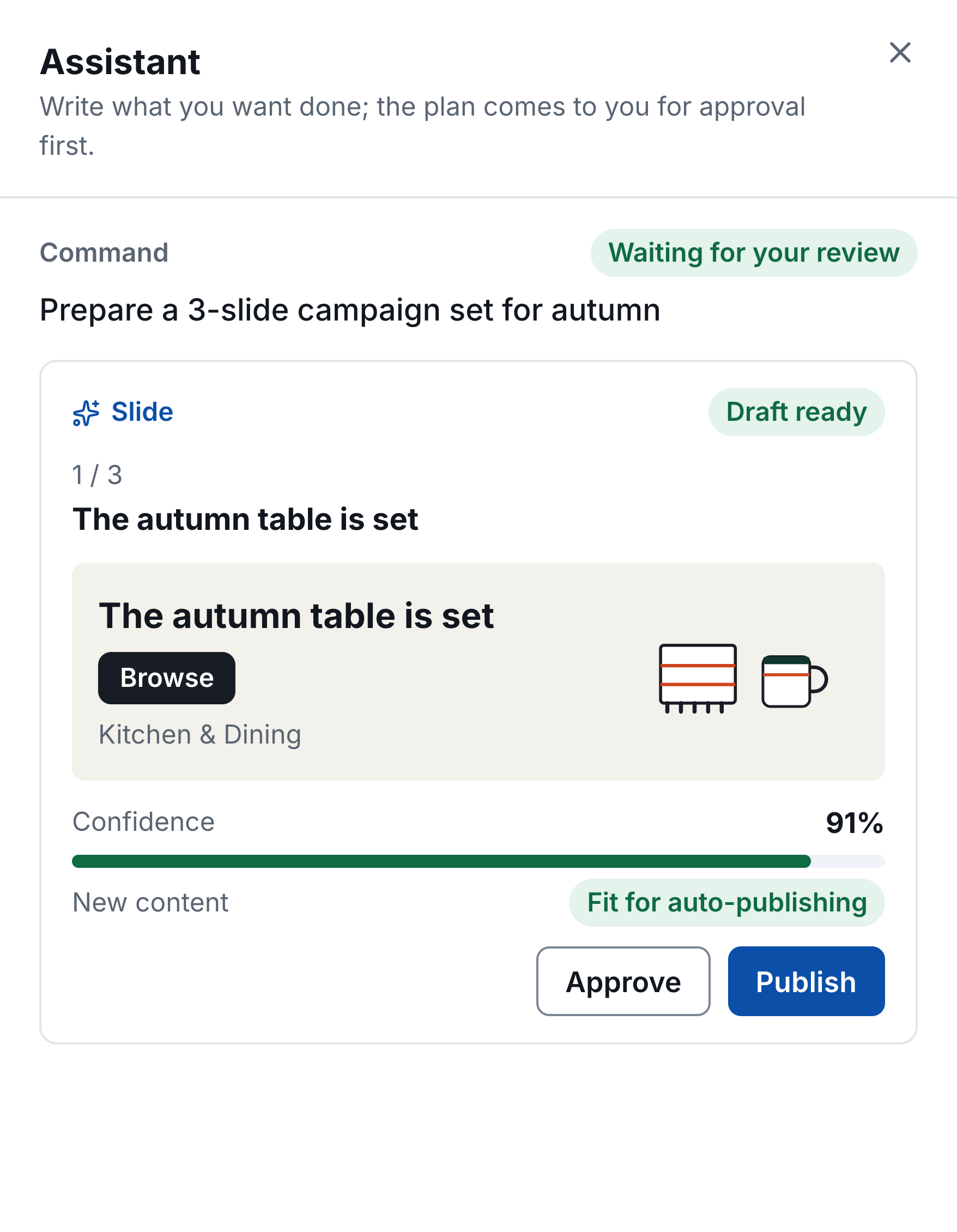 Minata Commerce Assistant drawer after a Slider set request: the first of three autumn campaign slides, The autumn table is set, with a Browse button and line-art textiles and a mug, a 91 percent confidence bar and Approve and Publish buttons.