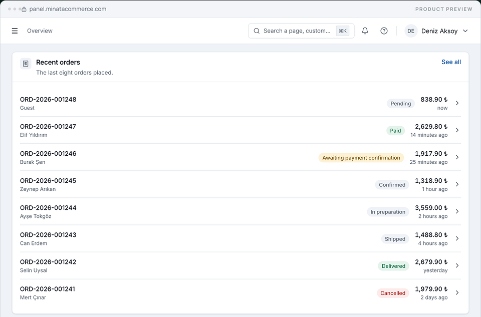 Minata Commerce admin overview with a Recent orders card: the last eight orders with customer names, status badges from Pending to Cancelled, amounts in lira and the time each was placed; demo data.