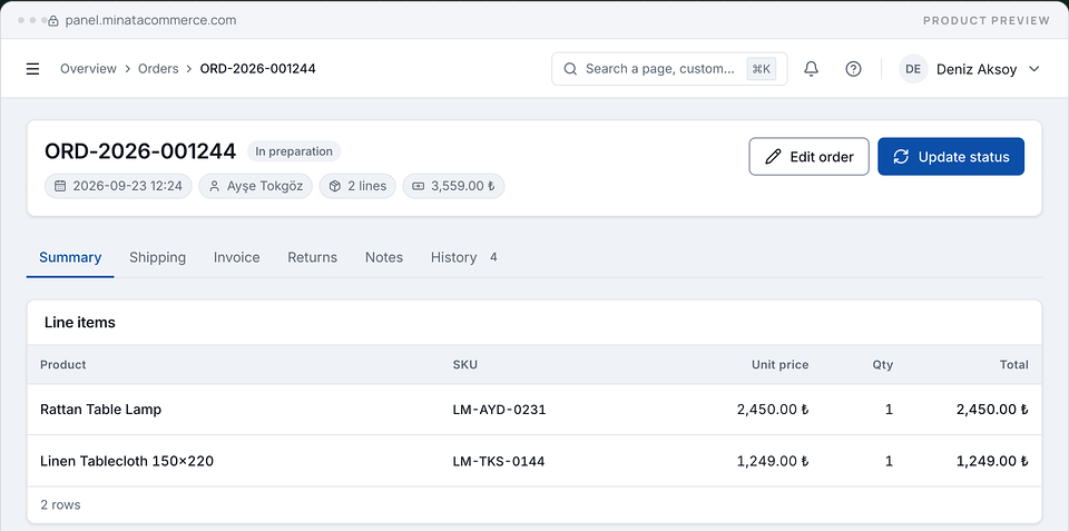 Minata Commerce admin, order detail: an order marked In preparation, Edit order and Update status buttons, tabs for summary, shipping, invoice, returns, notes and history, and a table of its two line items; demo data.