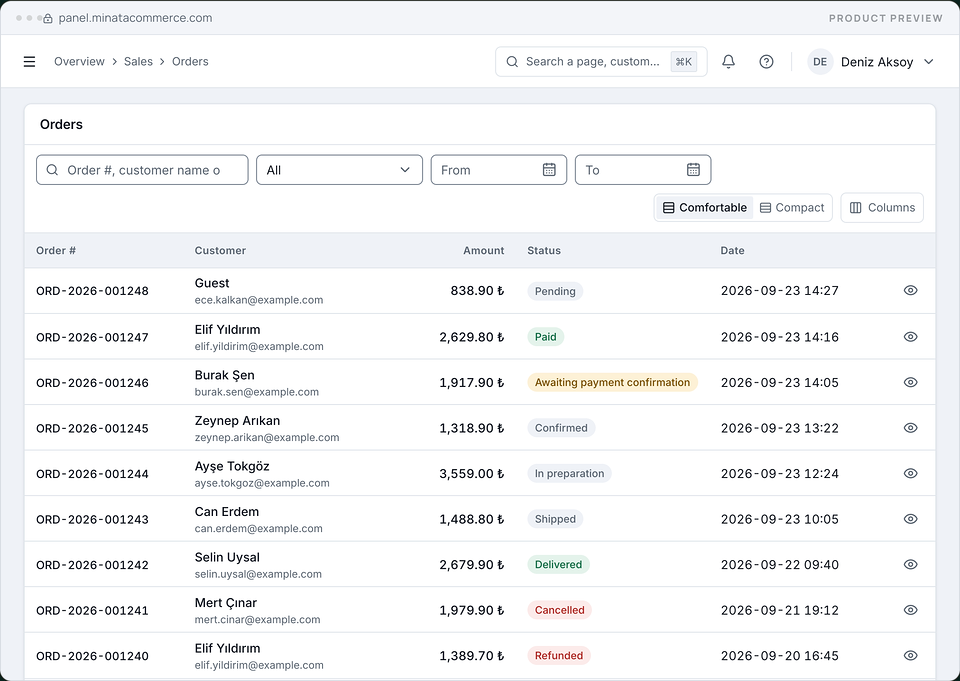 Minata Commerce admin, Orders list: a search box with status and date filters, and a table of orders with number, customer, amount, status badge and date; demo data.