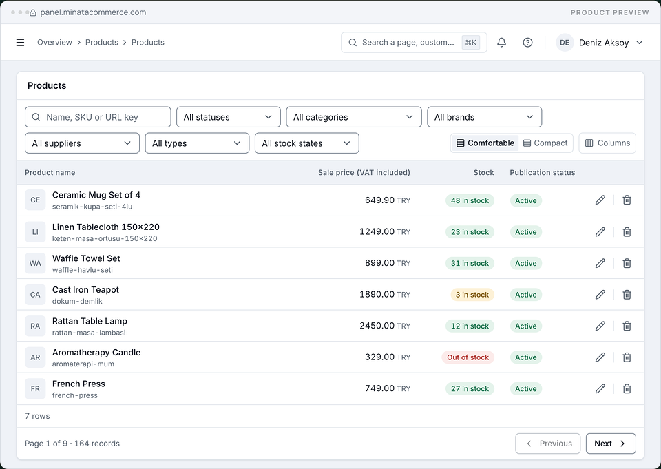 Minata Commerce admin, Products list: a search box with filters for status, category, brand, supplier, type and stock state, and a table of seven products with price, stock badge and publication status; demo data.
