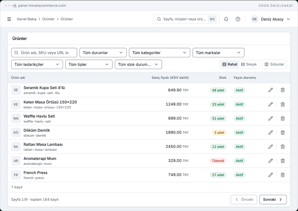 Minata Commerce yönetim paneli (Türkçe arayüz), ürün listesi: durum, kategori, marka, tedarikçi, tür ve stok durumu filtreli bir arama kutusu ile fiyat, stok rozeti ve yayın durumu gösteren yedi ürünlük tablo; demo verileri.