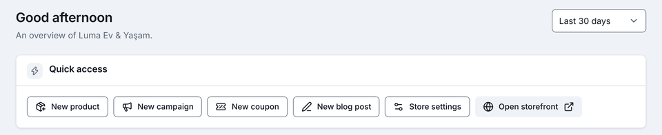 Minata Commerce admin overview: a greeting, a period selector and the Quick access card with buttons for a new product, campaign, coupon and blog post, for store settings and for opening the storefront; demo data.