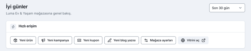 Minata Commerce yönetim paneli (Türkçe arayüz), genel bakış: karşılama başlığı, dönem seçici ve yeni ürün, kampanya, kupon, blog yazısı, mağaza ayarları ve vitrini açma düğmeleri olan Hızlı erişim kartı; demo verileri.