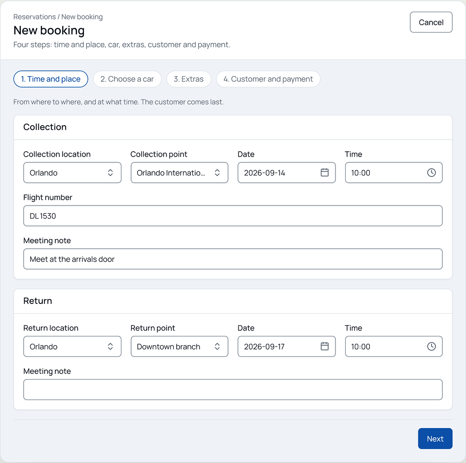 Rental Suite admin panel, New booking wizard, step 1, Time and place: a four-step bar above filled-in Collection and Return sections with location, point, date, time, flight number and meeting note.