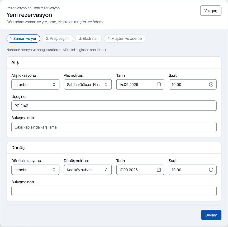 Rental Suite yönetim paneli (Türkçe arayüz), yeni rezervasyon sihirbazı, 1. adım, zaman ve yer: dört adımlık çubuğun altında konum, nokta, tarih, saat, uçuş numarası ve buluşma notu alanları dolu alış ve dönüş bölümleri.