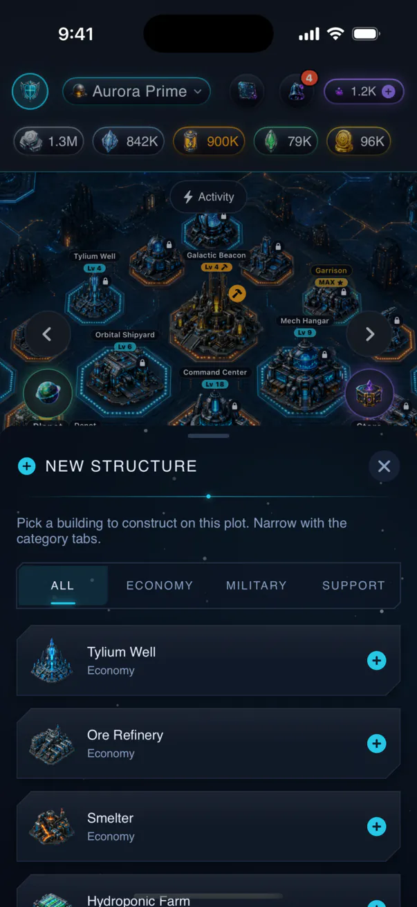 Veyrasol on a phone: a New structure list (Tylium Well, Ore Refinery, Smelter, Hydroponic Farm) with category tabs, over the base map.