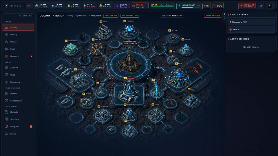 Veyrasol colony screen: an isometric base with octagonal building plots arranged around a central command structure, resource totals in the top bar and a menu on the left.