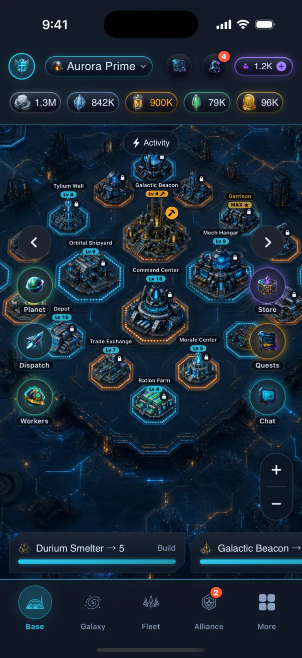 Veyrasol on a phone: the isometric colony map with resource counters at the top and Base, Galaxy, Fleet, Alliance and More tabs at the bottom.