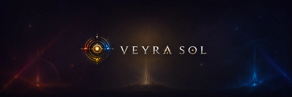 Wide banner with the Veyrasol beacon mark and the wordmark centred on a dark starfield, with red, gold and blue light at the edges.