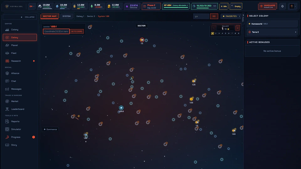 Veyrasol galaxy map: star systems drawn as small circles on a dark red-tinted field, with a selected-colony panel on the right.