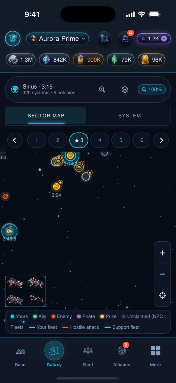 Veyrasol on a phone: a sector map of the Sirius system with numbered sector tabs, a legend and zoom buttons.
