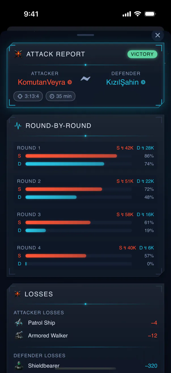 Veyrasol on a phone: an attack report showing a Victory result between two named players, round-by-round bars and a losses list.