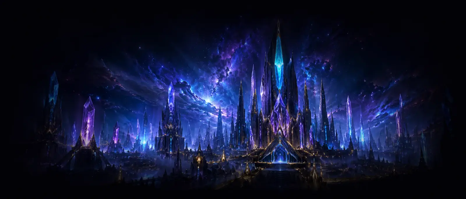 Veyrasol key art: a crystal city under a violet nebula