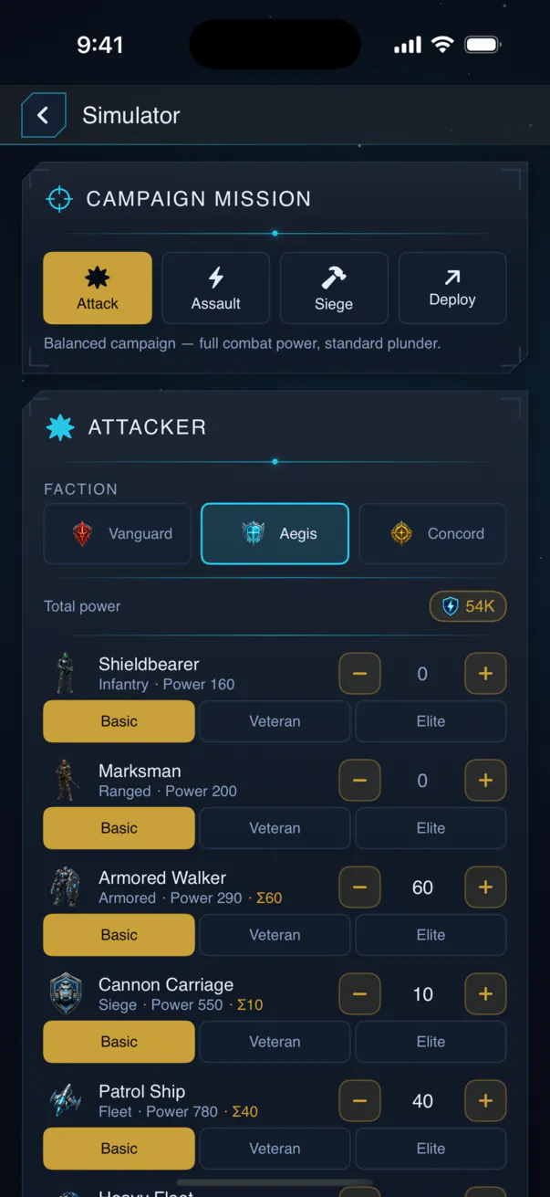 Veyrasol on a phone: the simulator with an attacker faction choice (Vanguard, Aegis, Concord) and a unit list with tier selectors and quantity buttons.