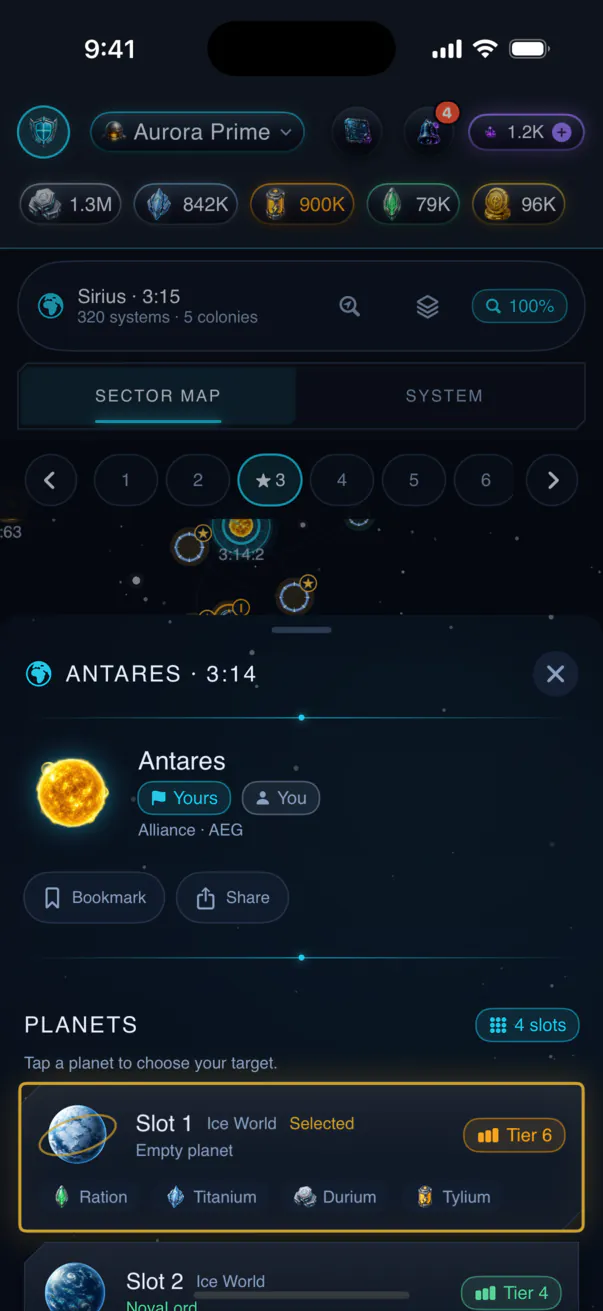 Veyrasol on a phone: the sector map with a panel for the Antares system and a list of planet slots to choose a target.