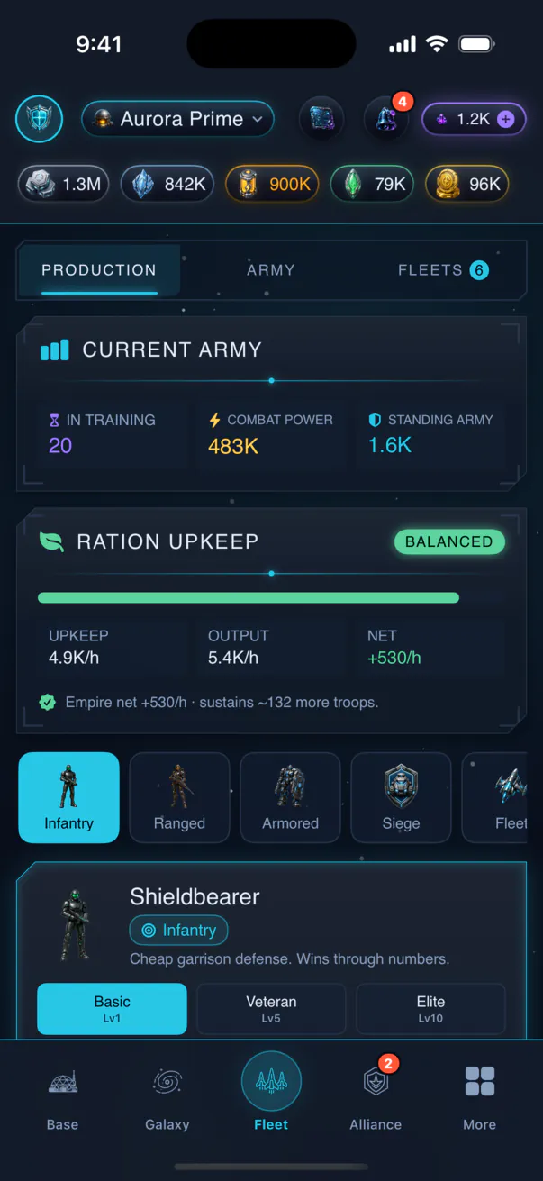 Veyrasol on a phone: the units screen with current army and ration upkeep summaries, unit-type tabs and a Shieldbearer detail card.