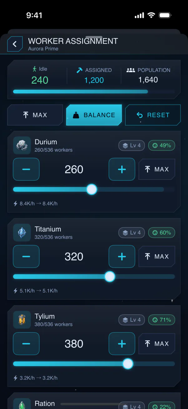 Veyrasol on a phone: the worker assignment screen with sliders for allocating workers to Durium, Titanium and Tylium.