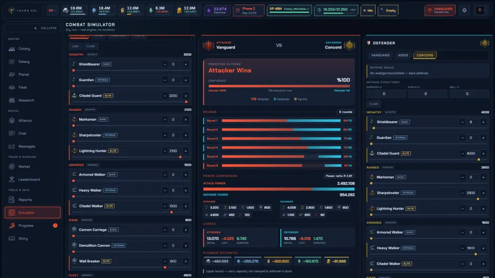 Combat — every engagement resolved and reported